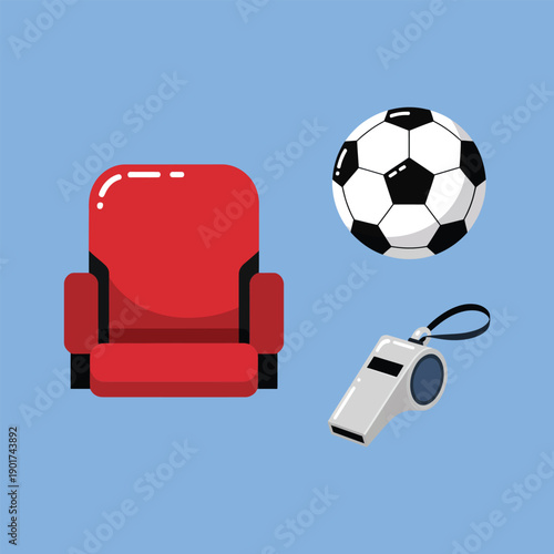 Spectator seat, whistle and soccer ball icons for fan zone signage, steward briefing session, crowd safety workshop materials pack