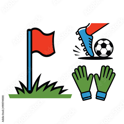 Soccer match elements, corner flag marker, striker boot, goalkeeper gloves, league fixture event promotion, referee briefing session artwork vector