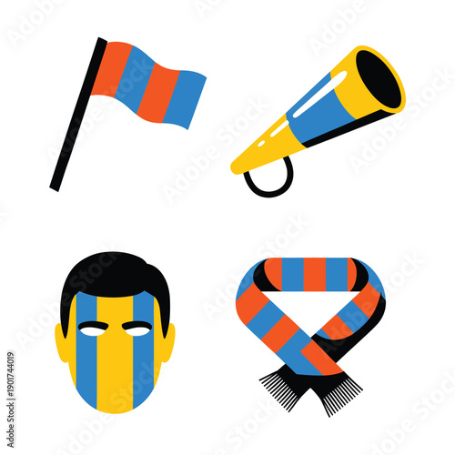 Stadium rally icons, waving flag, megaphone cheer, supporter scarf, face paint mascot, game day event signage, fan engagement session