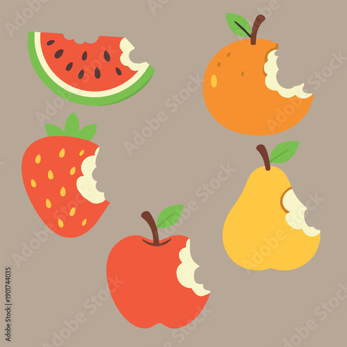 A cute flat illustration set of bitten fruits including watermelon slice, orange, strawberry, apple, and pear on a beige background.