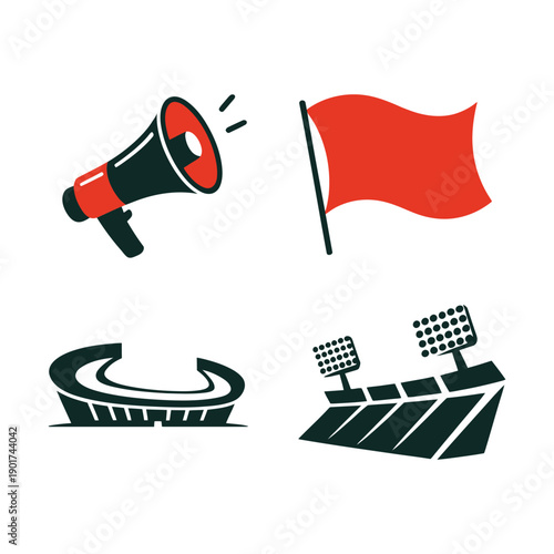 Match announcement icons, stadium with floodlights, megaphone speaker, red flag, community league event poster, pregame briefing session materials vector