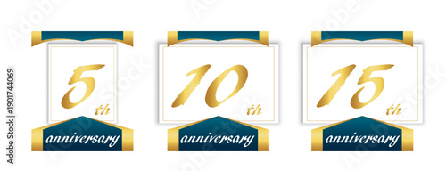 5周年・10周年・15周年を表現したゴールド装飾付きアニバーサリーエンブレムセット　記念日や企業実績に使える高級感のある周年記念デザイン素材