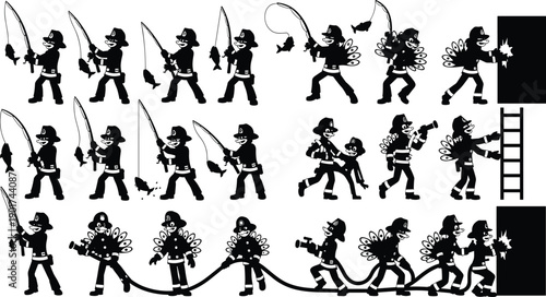 Vector, black, silhouette, illustration, set, of, firefighters, in, action, with, hoses, ladders, nets, and, rescue, gear, for, emergency, service, fire, safety, and, bravery, design