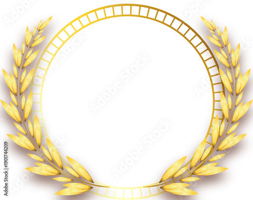 金色の月桂樹リースが円形に配置された高級感あるフレームイラスト　表彰状や記念証書、周年デザインに使える白背景の装飾枠素材