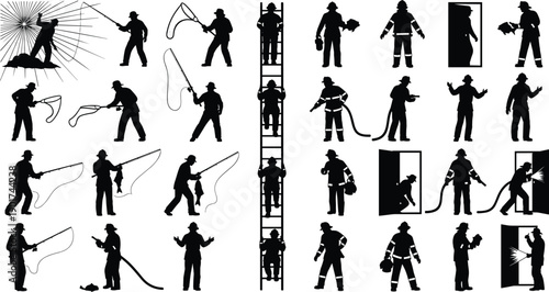 Vector, black, silhouette, illustration, set, of, firefighters, in, action, with, hoses, ladders, nets, and, rescue, gear, for, emergency, service, fire, safety, and, bravery, design