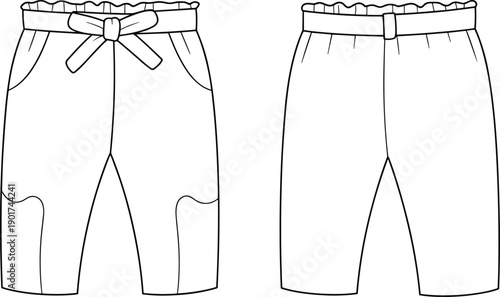 Children’s shorts vector, fashion flat sketch, technical garment illustration, kids clothing template, sewing pattern design, apparel mockup, casual trousers, clothing construction drawing