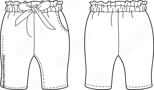 Children’s paperbag waist pants, fashion flat sketch, technical garment vector, kids cropped trousers, sewing pattern illustration, apparel design template, clothing mockup