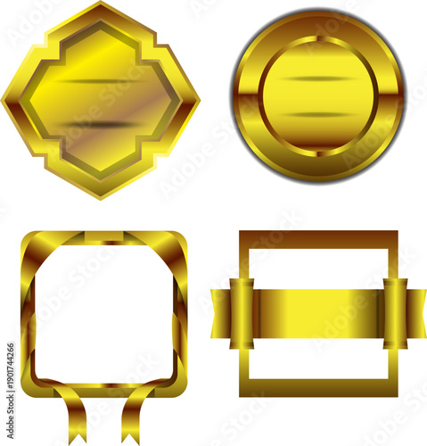 高級感あふれるゴールドカラーのエンブレムとフレーム装飾セット｜認証マークや称号表示、タイトル装飾に使える立体的メタリックデザイン素材