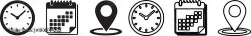 Black and white of clocks calendars and location markers 1