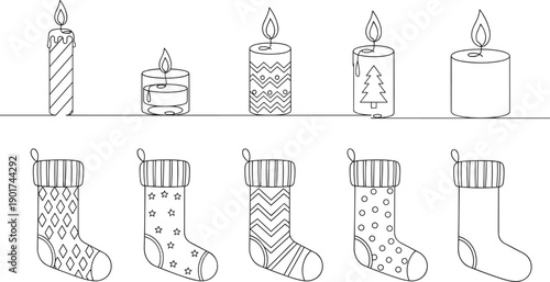Christmas candle and stocking icons, festive holiday line art, seasonal decoration graphics, black and white set, cad drawing flat vector illustration