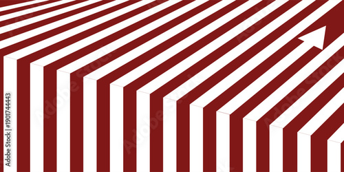 Abstract geometric pattern with red and white stripes bending and a white arrow pointing upwards, symbolizing progress and direction.