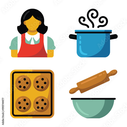 Home baking and cooking vector set with mom chef, steaming pot, cookie tray, rolling pin, mixing bowl, kitchen illustration