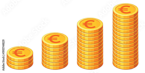 Isometric graphic set of euro coins featuring four increasing stacks of golden currency for financial growth and investment concepts