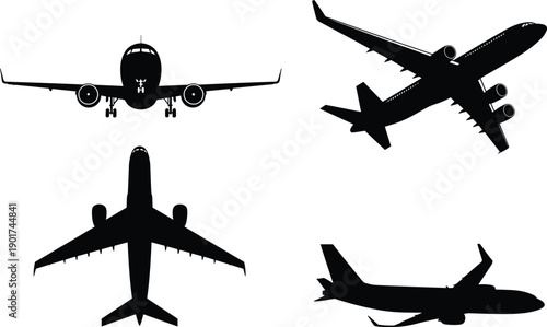 Set of Black Airplane Silhouettes Featuring Commercial Jet Planes in Front Top Side and Flying Angles for Aviation Design Projects