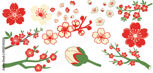 Lunar New Year Floral Vector Set with Red Plum Blossoms and Sakura Branches