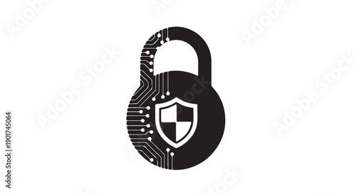 Padlock with shield icon in modern minimalist style with black and white color scheme on plain background for cybersecurity
