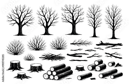 Hand drawn woodland objects set featuring bare trees, bushes, logs, stumps, and branches for nature and forestry design