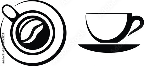 Set of coffee cup icons featuring top view with a coffee bean and side view on a saucer, black vector
