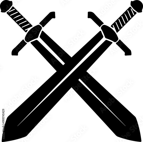 Crossed swords illustration depicting conflict and strength in a symbolic vector graphic design viewed from directly above