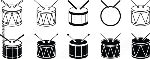 Set of drum icons with drumsticks in various line and silhouette styles, percussion musical instrument vector symbols for rhythm design