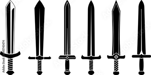 Collection of six different swords with varying designs and features displayed horizontally in a row