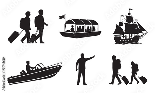 Illustration of various travel and transportation modes with people and luggage isolated on white background, Vector