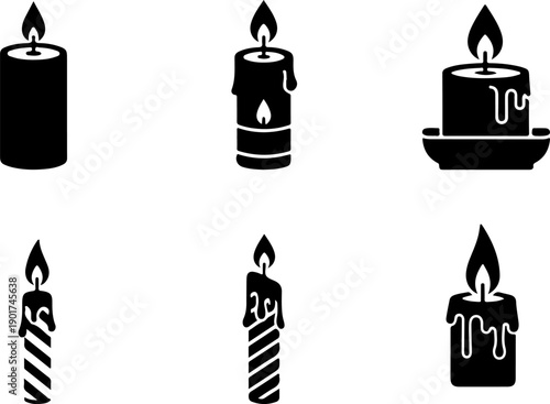 Six black silhouetted candles with flames in various styles on a plain white background viewed from directly above