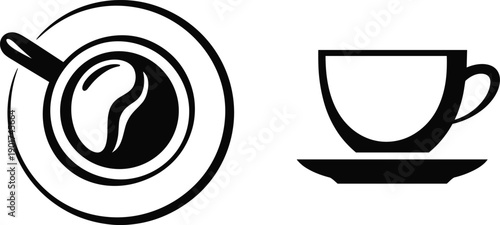 Set of minimalist coffee cup icons showing top view with coffee bean art and side profile on a saucer, black vector symbols