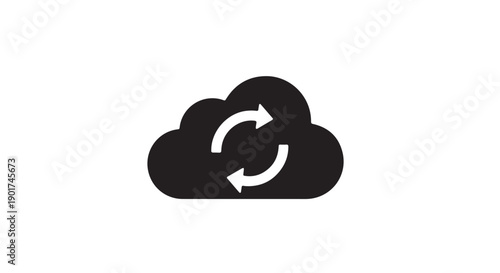 Cloud Sync Icon in Simple Flat Design with White Arrows on Black Background for Mobile App UI