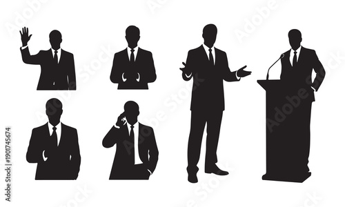 Silhouettes of people in various public speaking and greeting poses isolated on white background, Vector