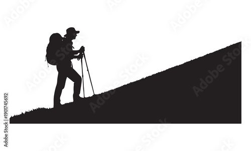 Silhouette of a photographer capturing a landscape on a hilltop isolated on white background, Vector