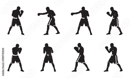 Silhouettes of boxers in various fighting stances and positions isolated on white background, Vector