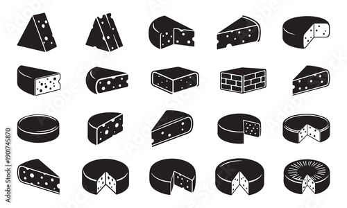 A collection of various types of cheese displayed in different shapes and forms isolated on white background, Vector