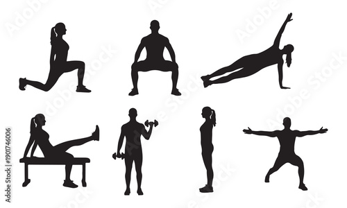Diverse individuals performing various exercises and stretches isolated on white background, Vector