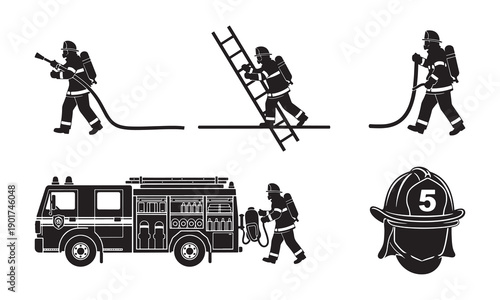 Firefighters and equipment in action, showcasing their bravery and readiness isolated on white background, Vector
