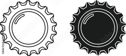 Set of two vector icons featuring a bottle cap in outline and solid black style isolated on a white background