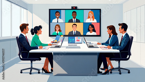 Professional Team in Hybrid Work Meeting with Video Conference