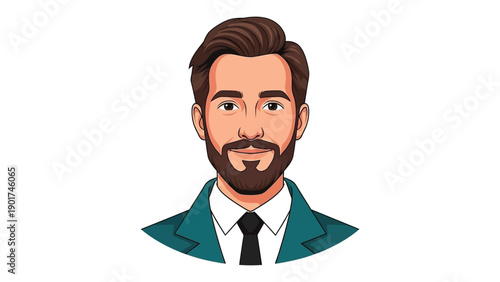 Professional illustration of a smiling bearded man in a suit and tie