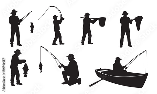 Silhouettes of people enjoying various fishing activities on a lake isolated on white background, Vector