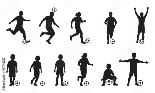 Silhouettes of people playing various sports with a soccer ball isolated on white background, Vector