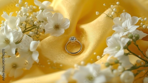 Elegant engagement ring on golden fabric with white flowers, perfect for wedding, proposal, luxury jewelry, and romantic branding visuals.