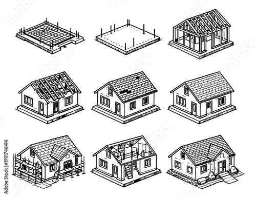 Isometric hand drawn line art house building stages set featuring a home's construction from foundation to completion for residential development
