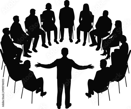Silhouette of People Sitting in a Circle for Group Therapy or Business Meeting with Leader Standing Isolated on White Background