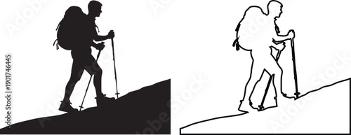 Hiker silhouettes climbing hill with trekking poles