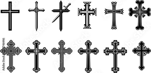 Collection of ornate Christian cross silhouettes, gothic religious symbols set isolated on white background for tattoo, logo, emblem design