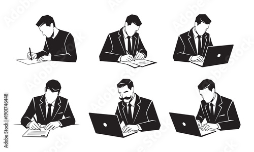Business professionals engaged in various work activities at their desks isolated on white background, Vector