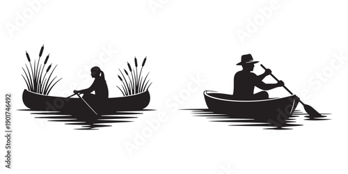 Two people enjoying a peaceful day out on the water in their canoes. isolated on white background, Vector