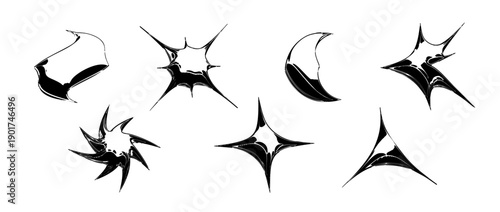 Black y2k abstract shapes in 3d inflated style. Techno star, flower, wave, heart design element collection. Vector grunge balloon icon set for poster, banner, collage, flyer, streetwear, party print