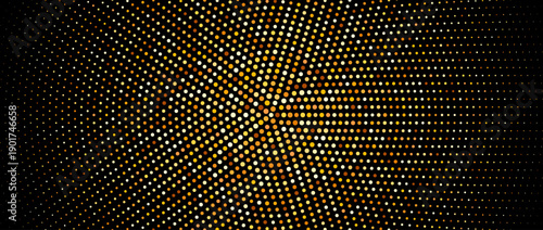 Golden radial halftone gradient. Round pop art comic glitter backdrop texture. Gold dotted pattern background. Yellow confetti wallpaper for banner, poster, flyer, party decor, presentation. Vector