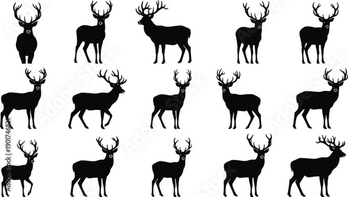 Deer silhouette collection set, stag and buck standing poses isolated on white background for wildlife design illustration